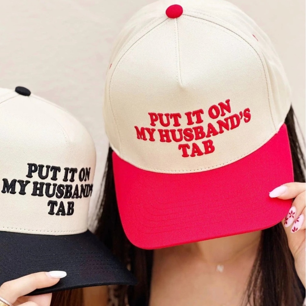 Put It On My Husband’s Tab Trucker Hat Puff Embroidered Adjustable Snapback Cap